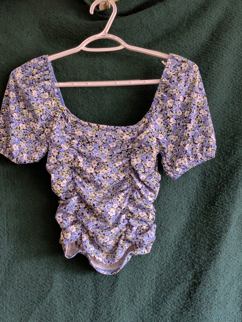 Blue Floral Ruched Puff-Sleeve Blouse